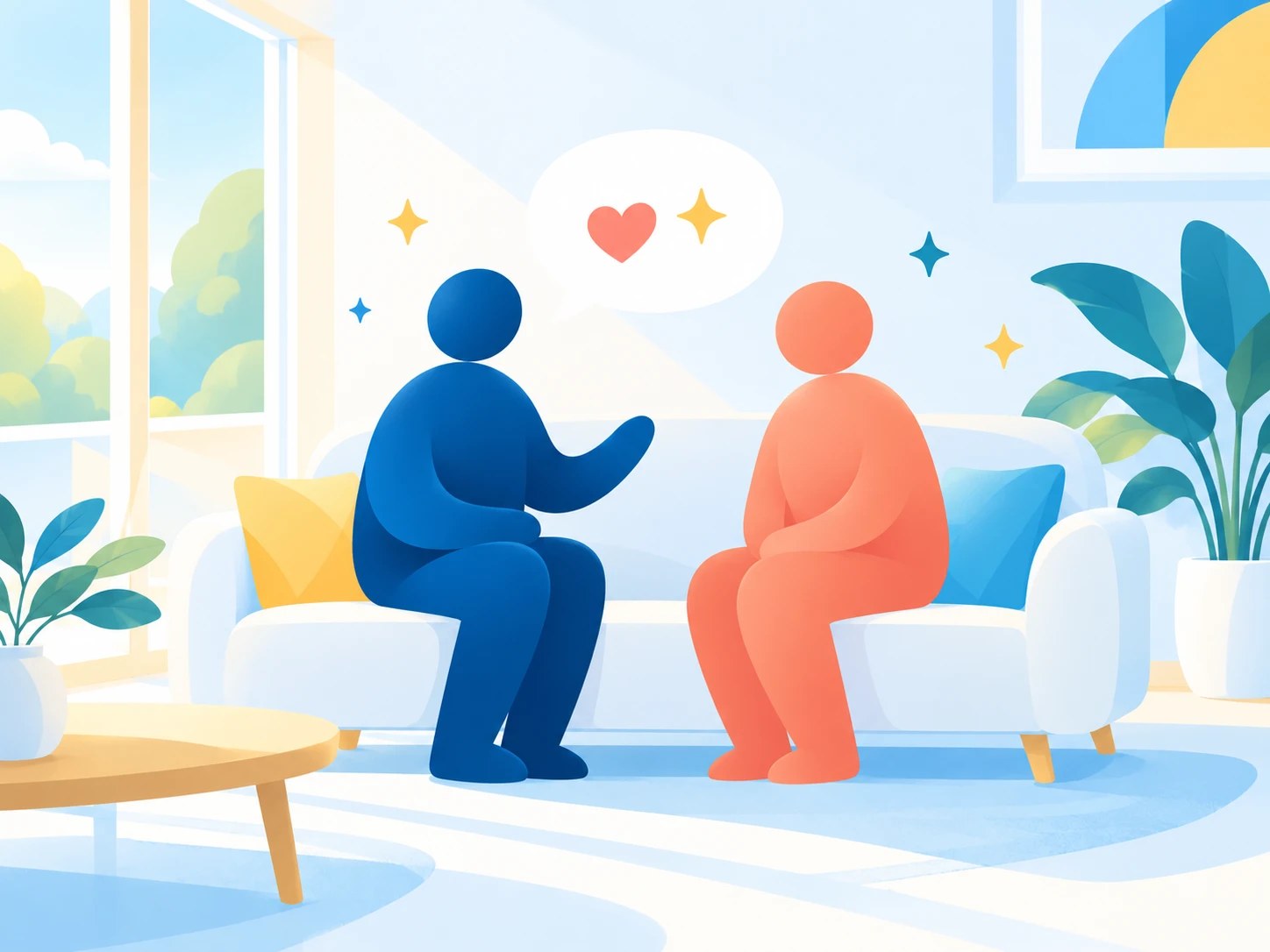 経営者と支援者が、ソファで穏やかに話している様子のイラスト